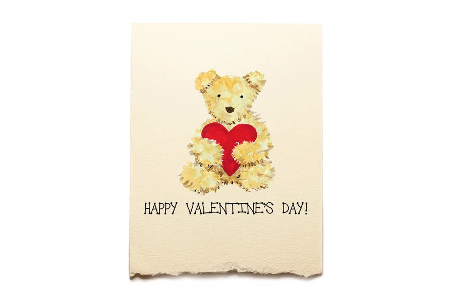 Valentine's Day card with a teddy bear holding a red heart on a beige background