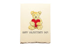 Valentine's Day card with a teddy bear holding a red heart on a beige background