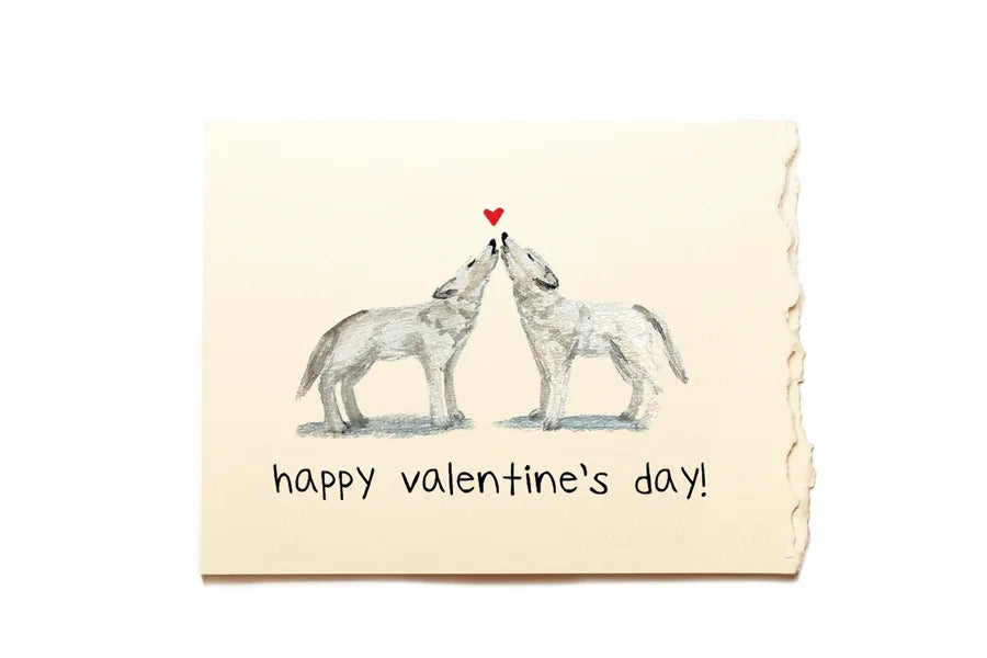 Valentine's Day card with two wolves sharing a heart symbol on a beige background