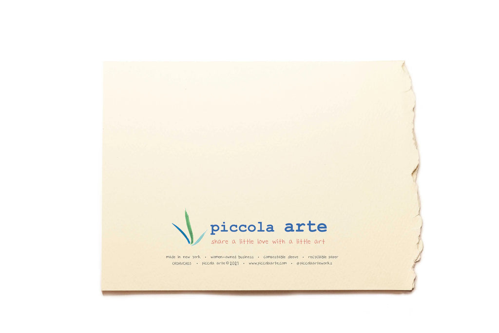 The back of a greeting card from piccola's arte.