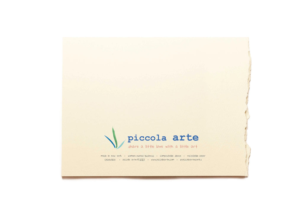 The back of a greeting card from piccola's arte.