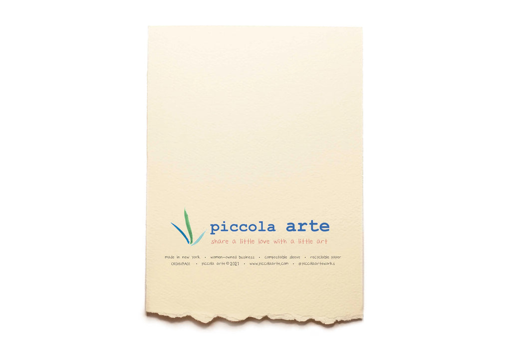 The back of a greeting card from piccola's arte.