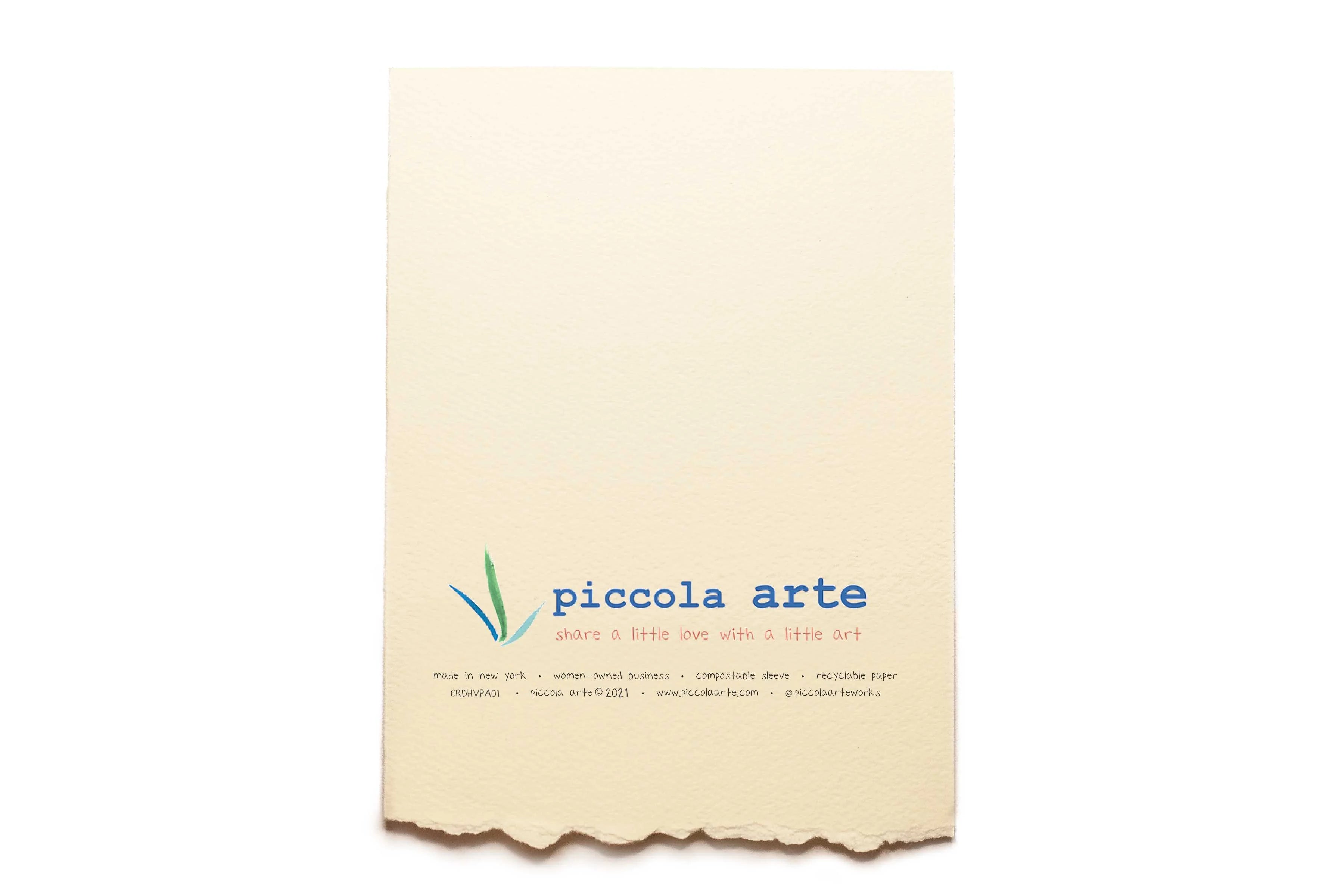 The back of a greeting card from piccola's arte.