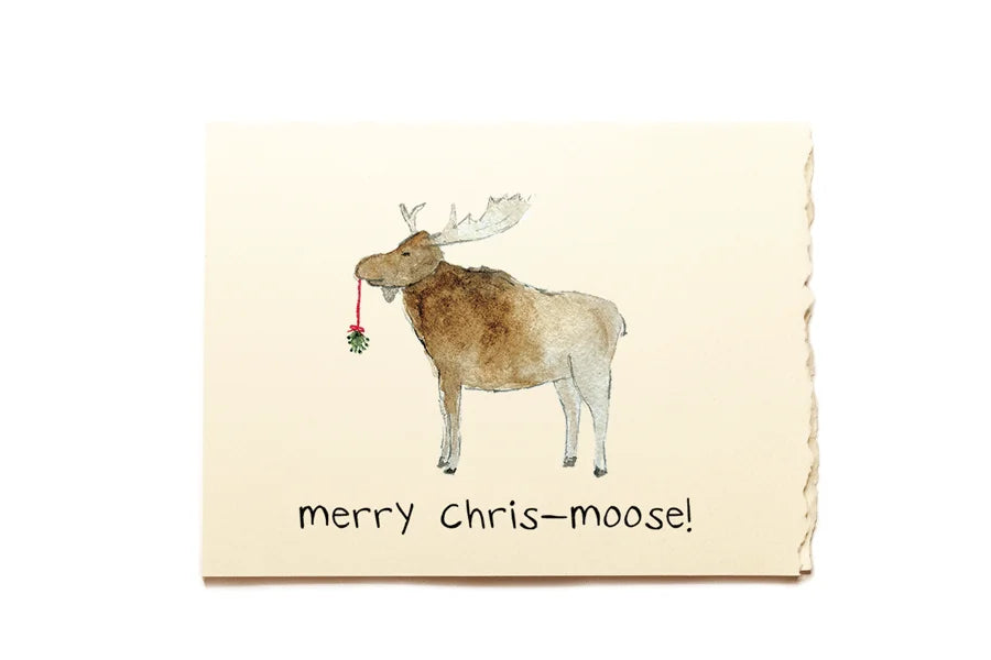 Card with a moose illustration and 'merry Chris-moose!' text on a beige background