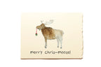 Card with a moose illustration and 'merry Chris-moose!' text on a beige background