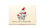 Card with mushrooms wearing Santa hats and text 'merry chris-mushroom!' on a beige background