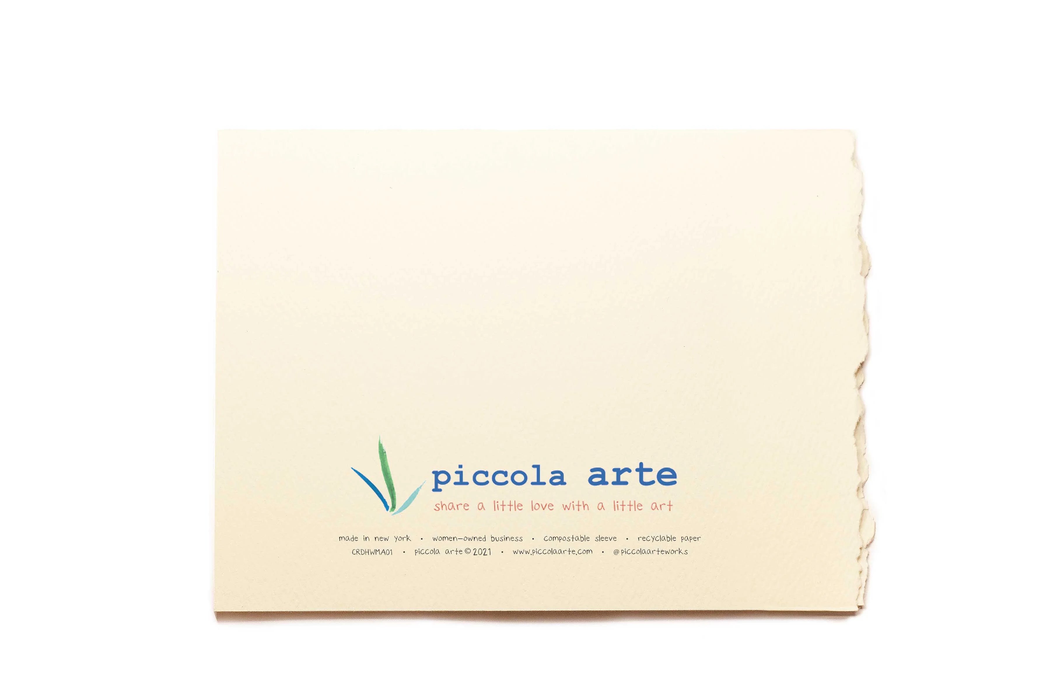 The back of a greeting card from piccola's arte.