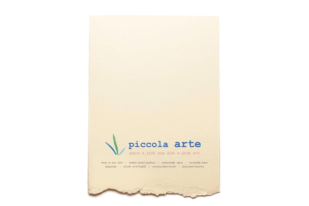 The back of a greeting card from piccola's arte.