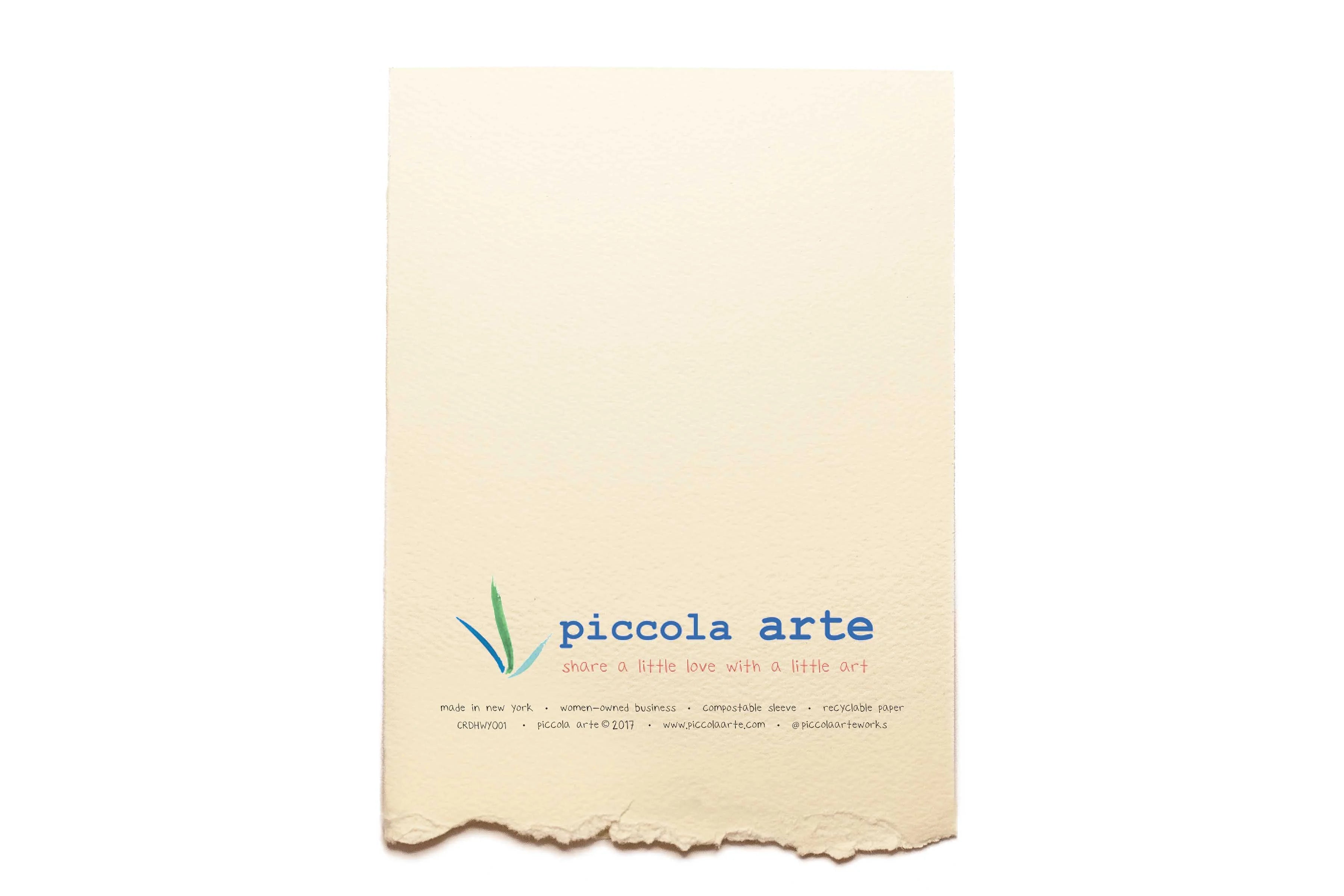 The back of a greeting card from piccola's arte.