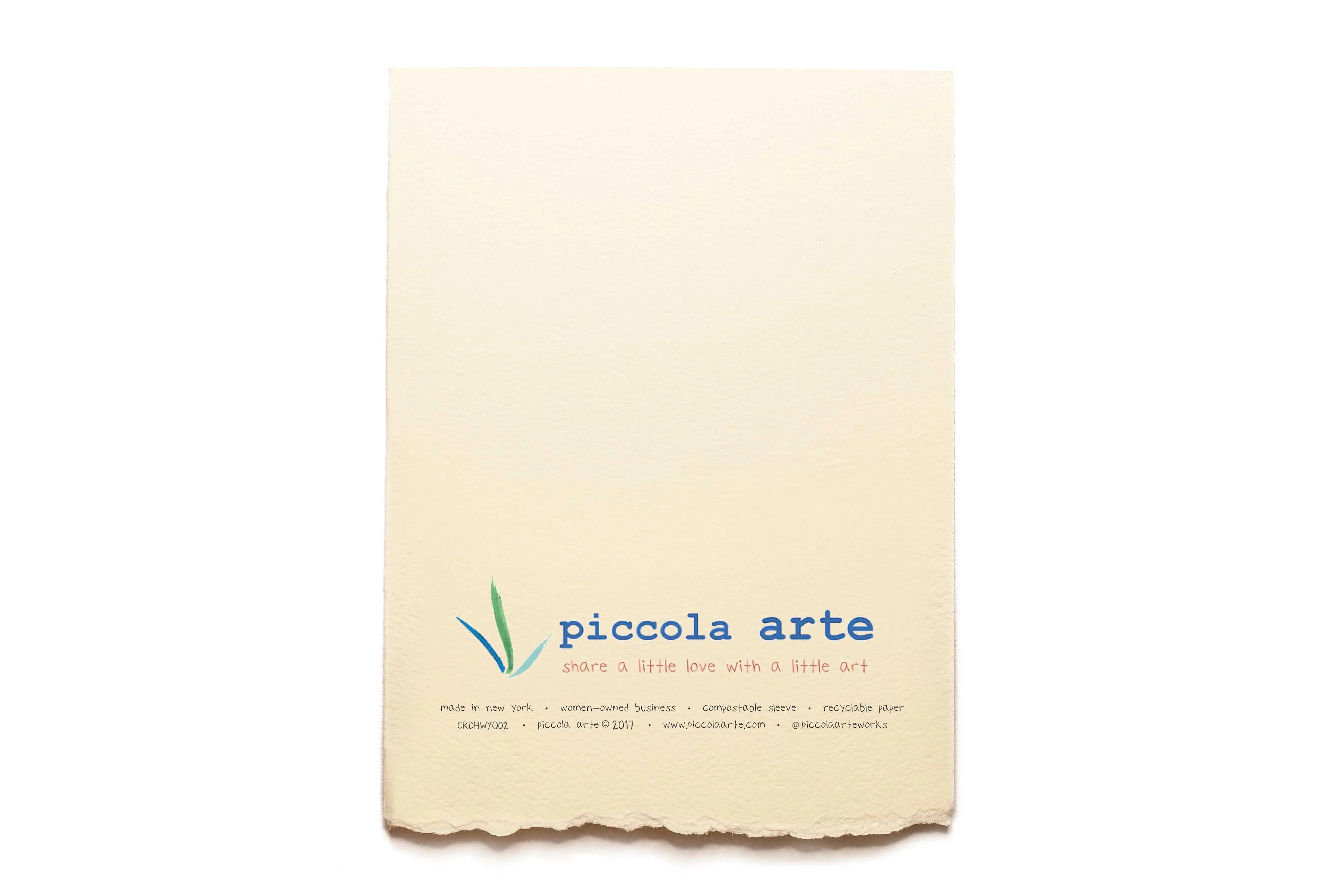 The back of a greeting card from piccola's arte.