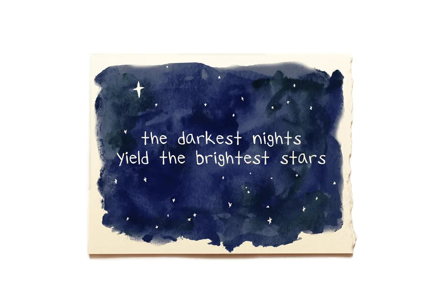 Card with watercolor night sky design and inspirational quote on a white background