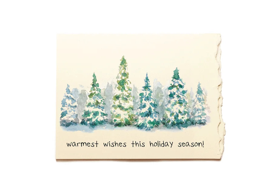 Greeting card with watercolor trees and 'warmest wishes this holiday season!' text on a white background