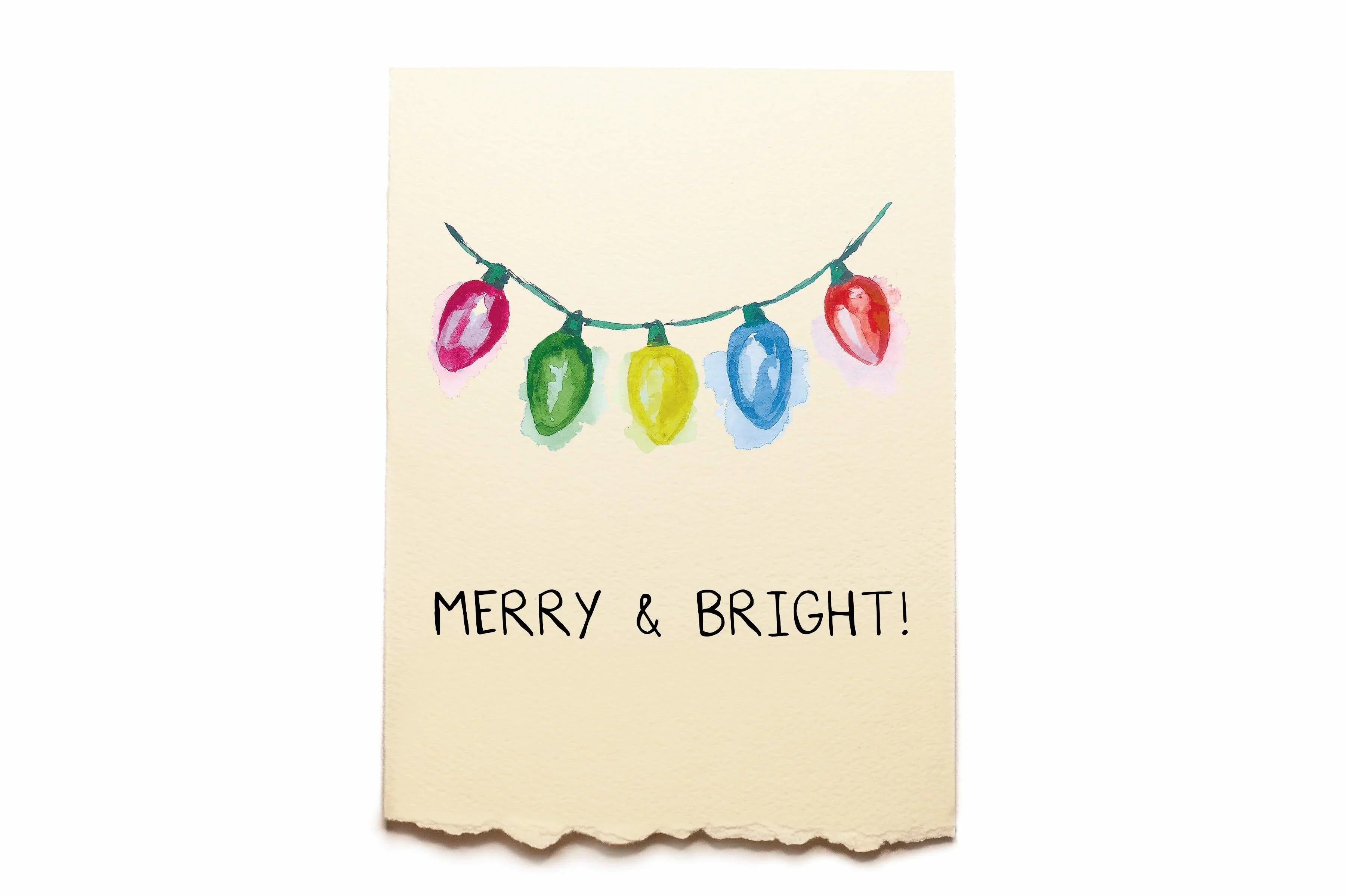 Card with colorful Christmas lights and 'Merry & Bright!' text on a beige background