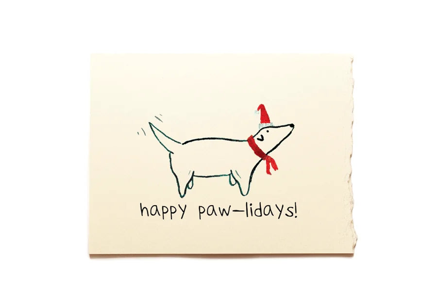 Card with a dog illustration and 'happy paw-lidays!' text on a beige background