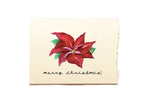 Christmas card with a red poinsettia flower and 'merry Christmas!' text on a beige background