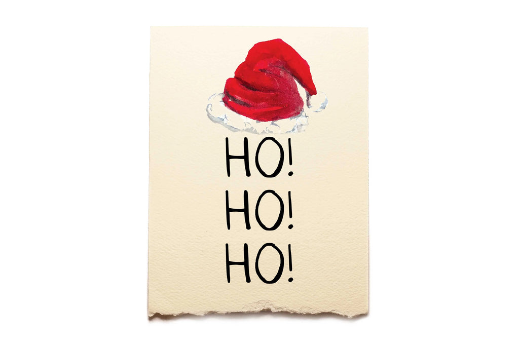 Card with Santa hat and 'HO! HO! HO!' text on a beige background