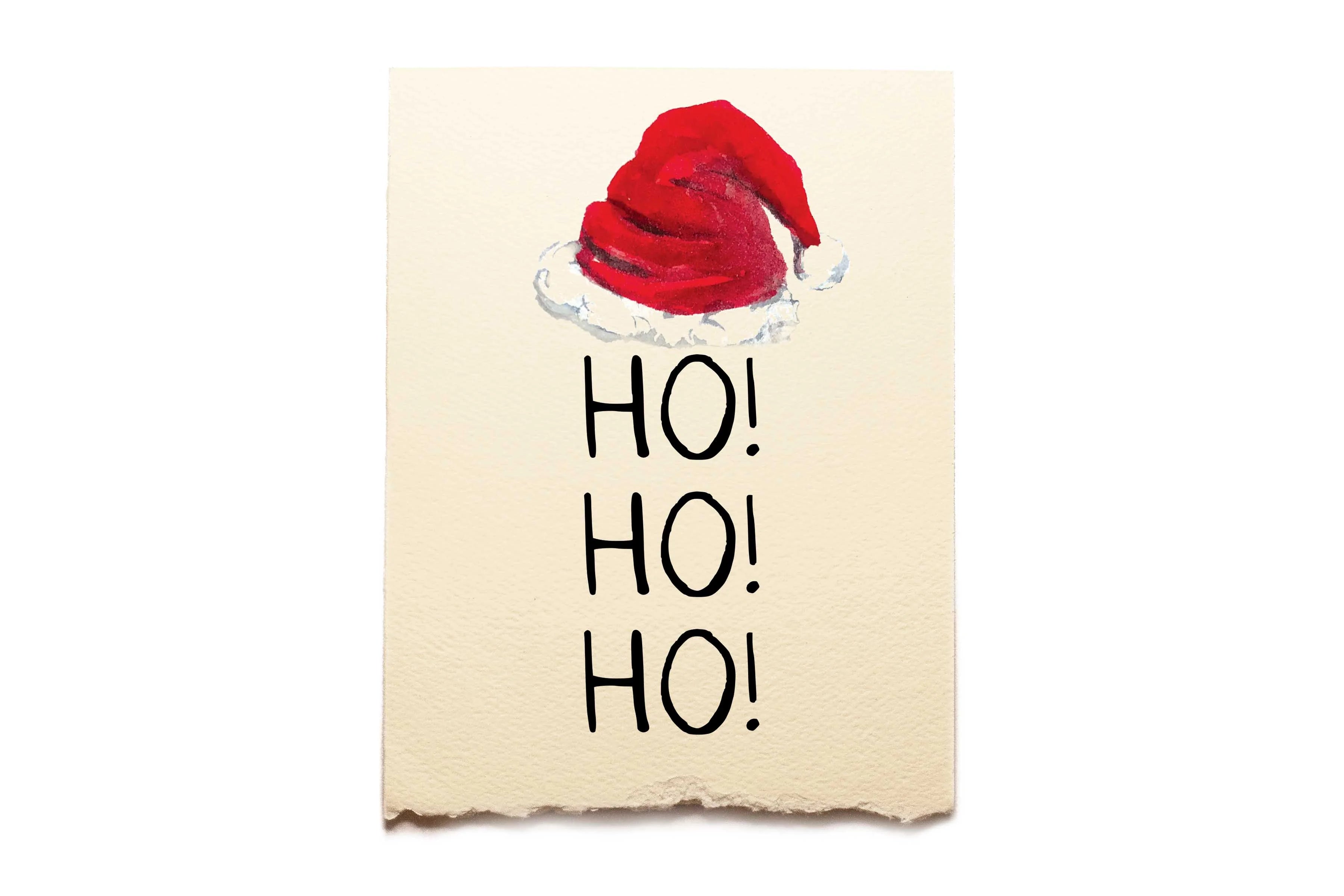 Card with Santa hat and 'HO! HO! HO!' text on a beige background