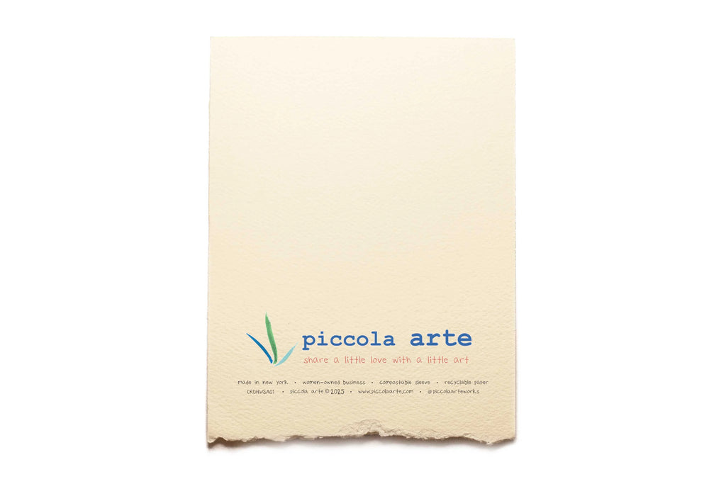 The back of a greeting card from piccola's arte.