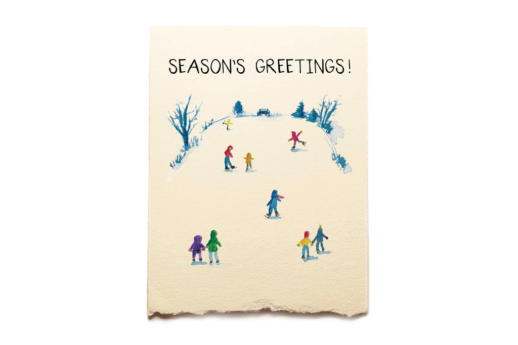 Season's Greetings card with illustrations of people skating and walking around a snowy landscape.