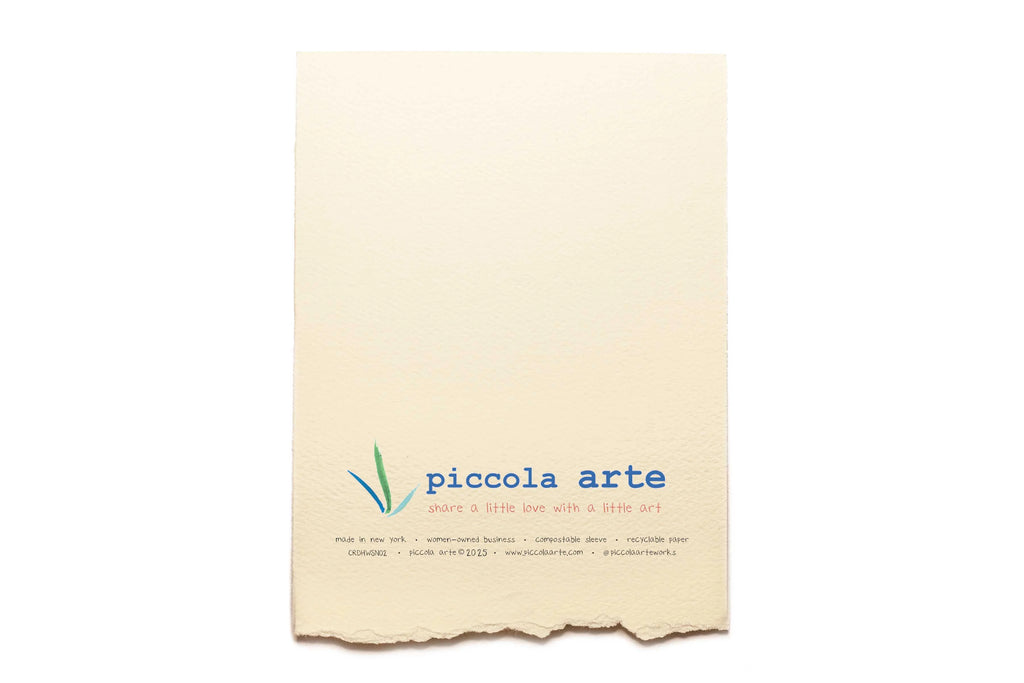 The back of a greeting card from piccola's arte.