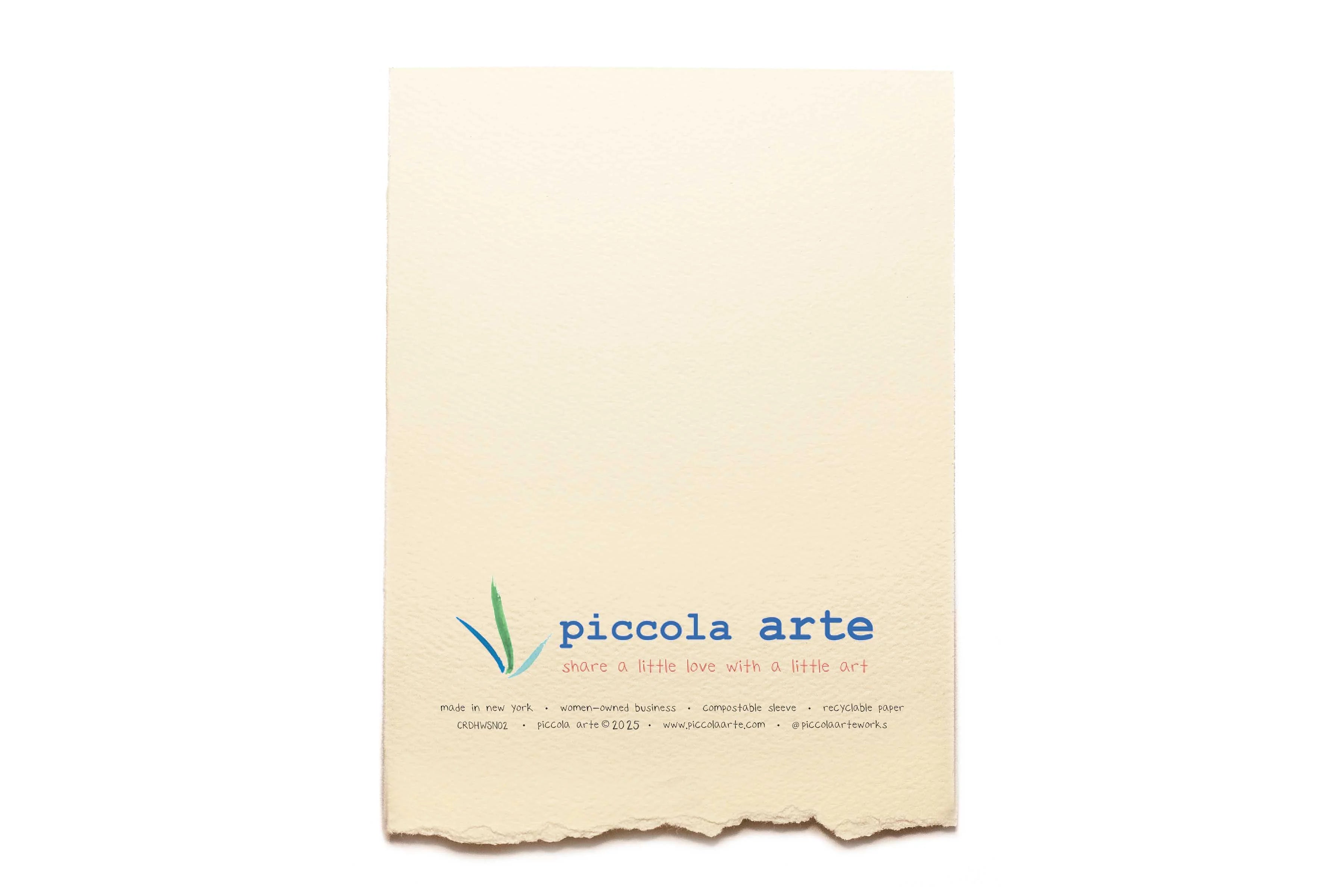 The back of a greeting card from piccola's arte.