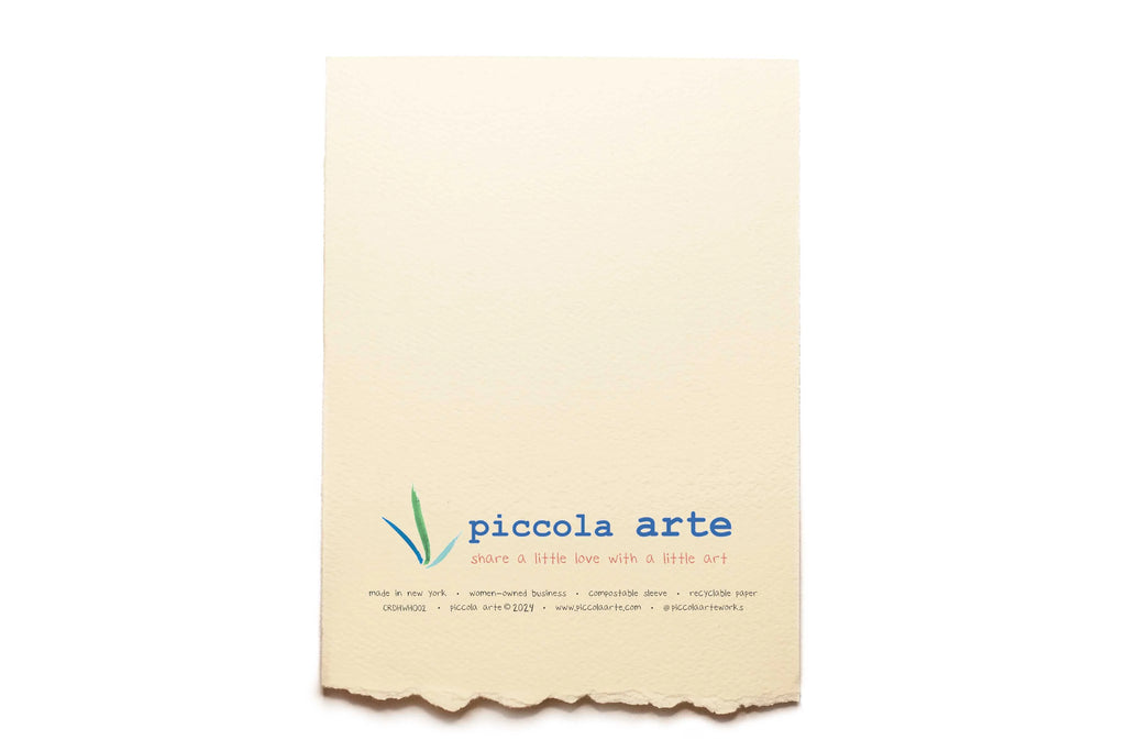 The back of a greeting card from piccola's arte.