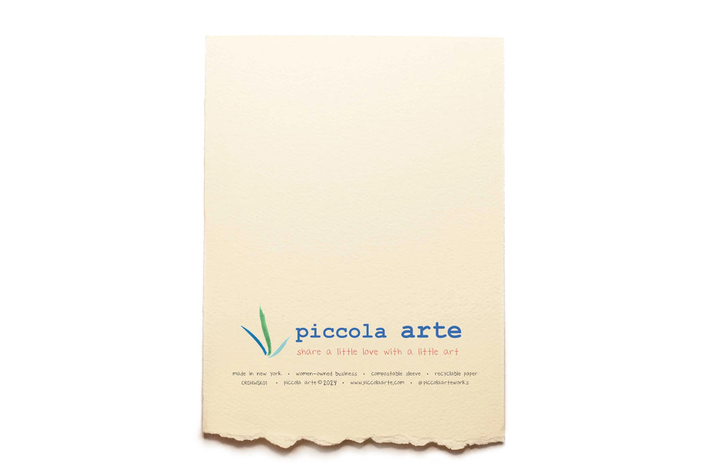 The back of a greeting card from piccola's arte.