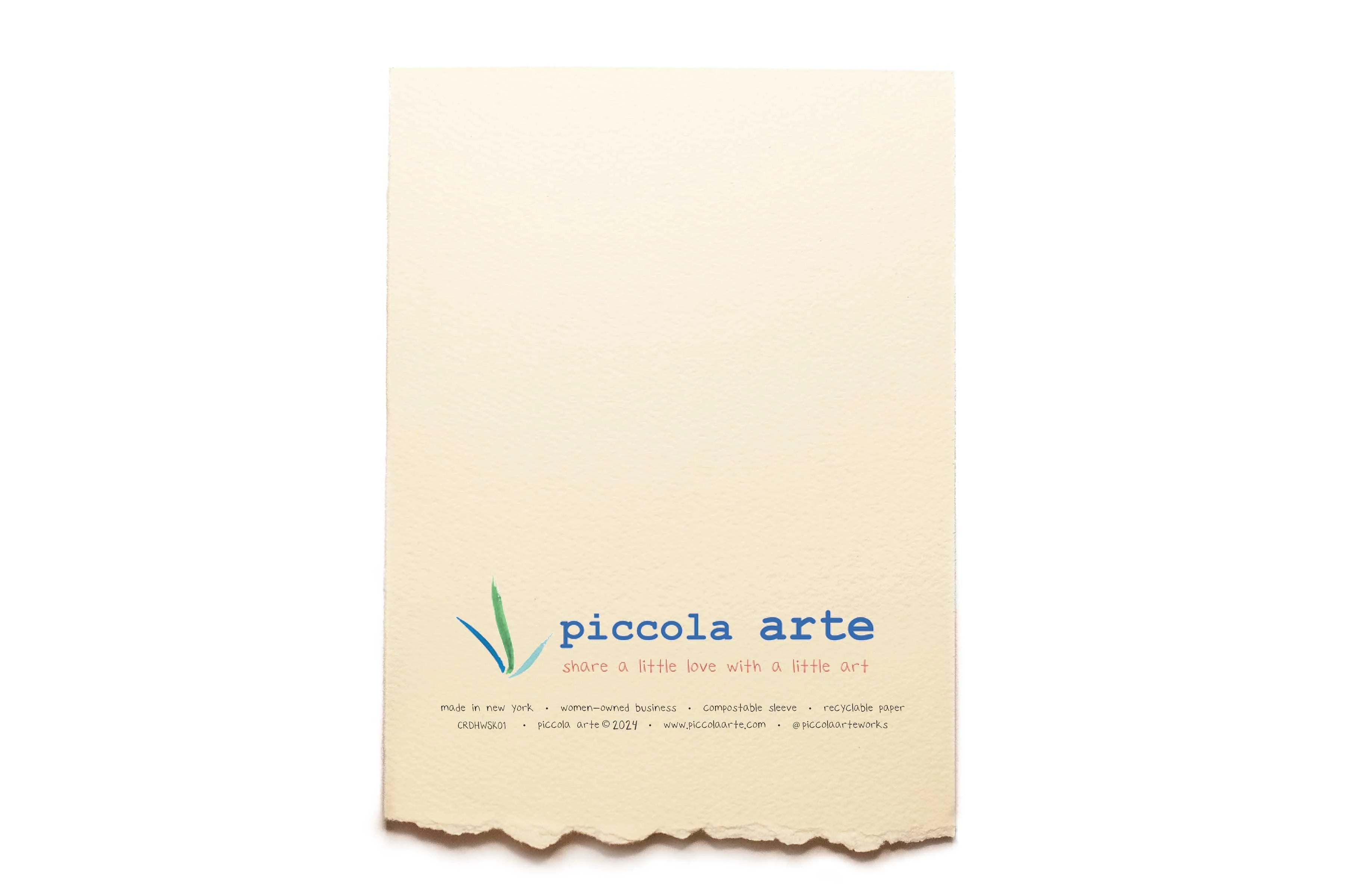 The back of a greeting card from piccola's arte.