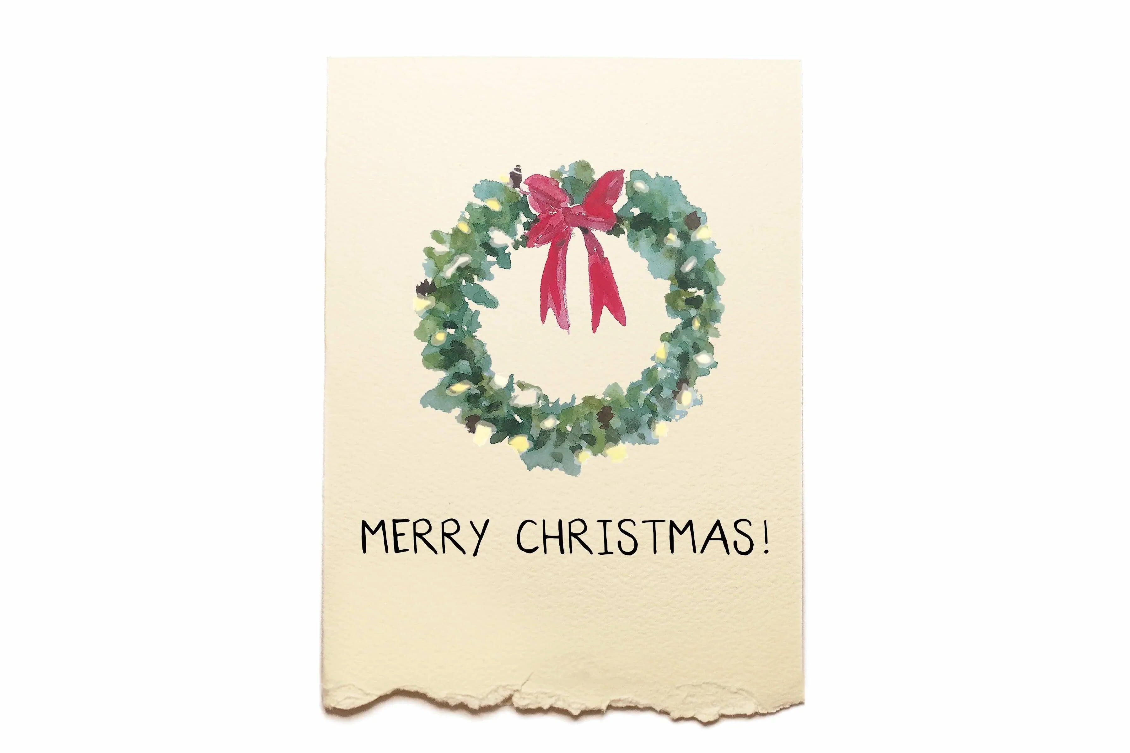 Christmas card with a wreath and red bow on a beige background