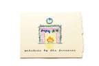 Card with a festive design of a fireplace and Christmas decorations on a beige background.