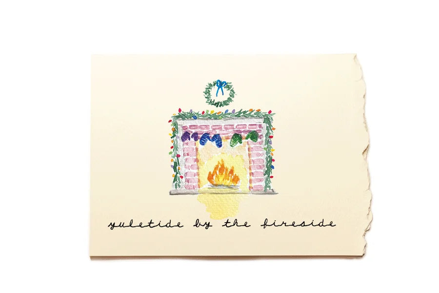Card with a festive design of a fireplace and Christmas decorations on a beige background.