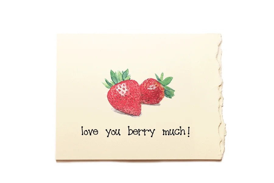 Card with strawberries and 'love you berry much!' text on a beige background