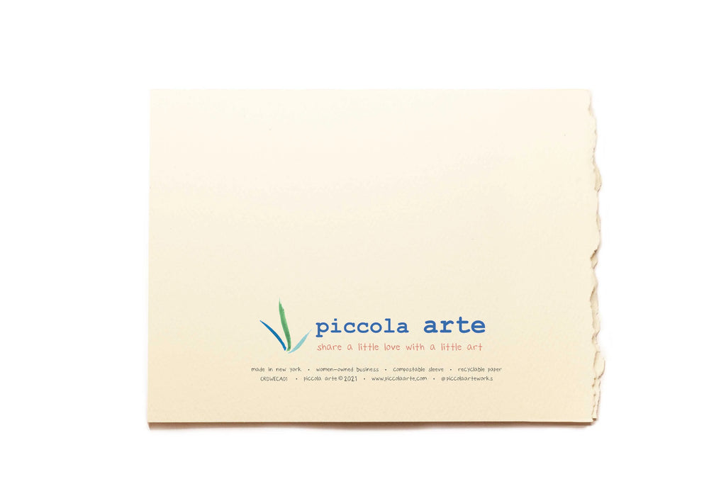 The back of a greeting card from piccola's arte.