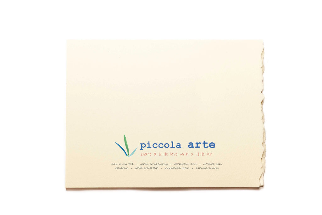 The back of a greeting card from piccola's arte.