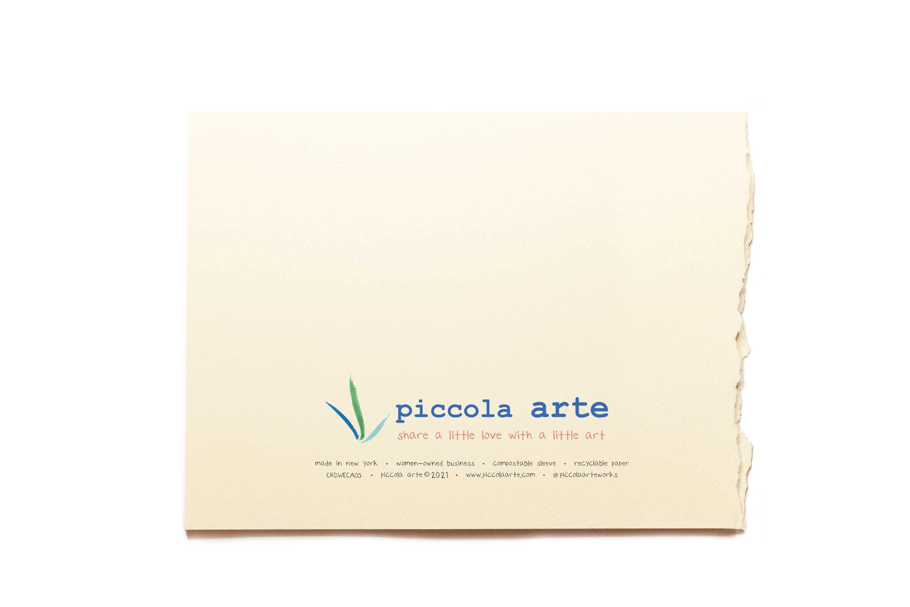 The back of a greeting card from piccola's arte.