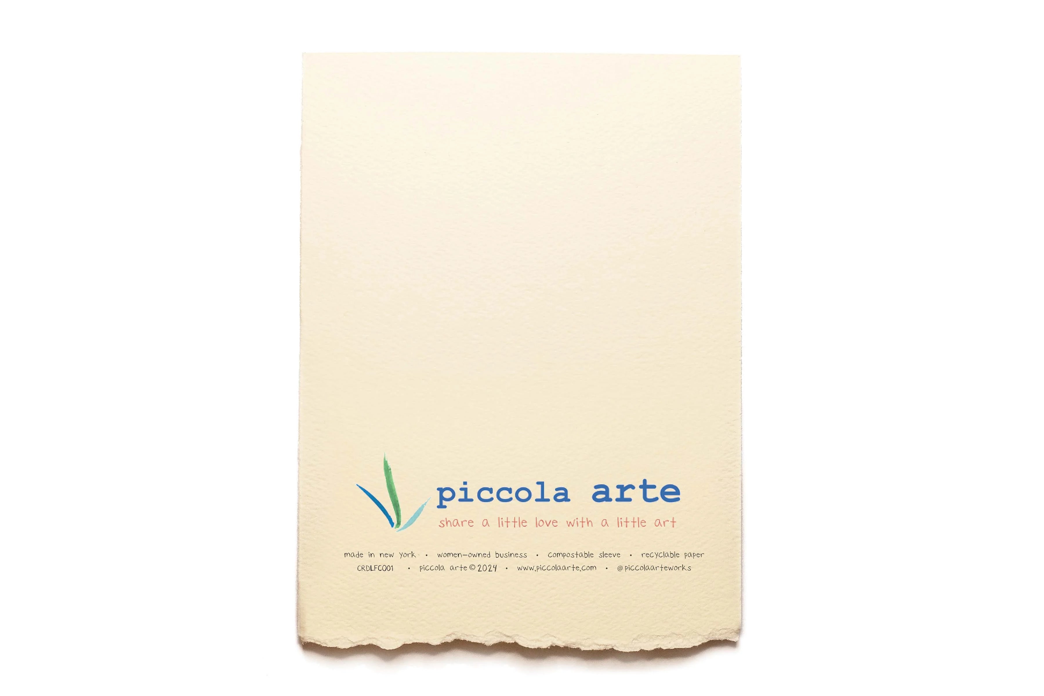 The back of a greeting card from piccola's arte.