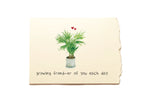Card with a potted plant illustration and text on a beige background