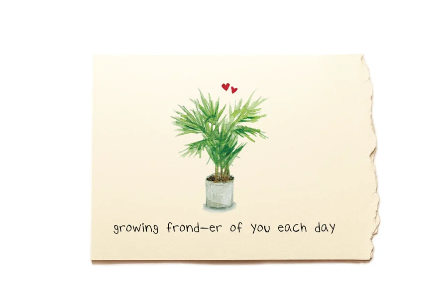 Card with a potted plant illustration and text on a beige background