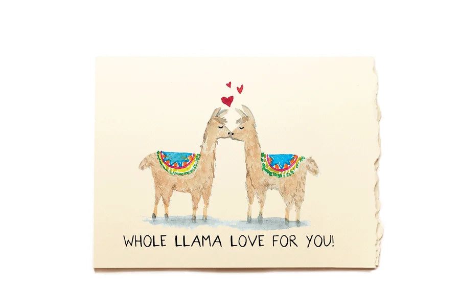 Card with two llamas and text 'Whole Llama Love for You!' on a beige background