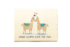 Card with two llamas and text 'Whole Llama Love for You!' on a beige background