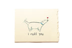 Note with a dog illustration and 'i ruff you' text on a beige background