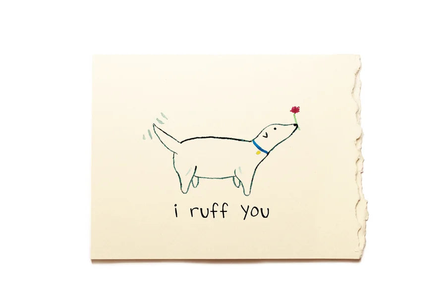 Note with a dog illustration and 'i ruff you' text on a beige background