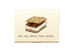 Greeting card with a s'mores illustration and 'love you s'more than words!' text on a beige background