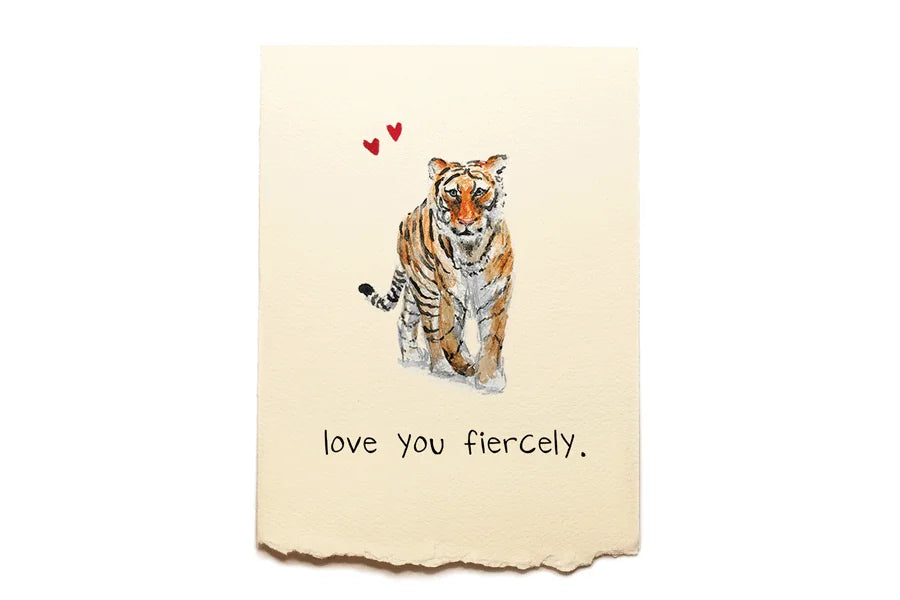 Card with a tiger illustration and 'love you fiercely' text on a beige background