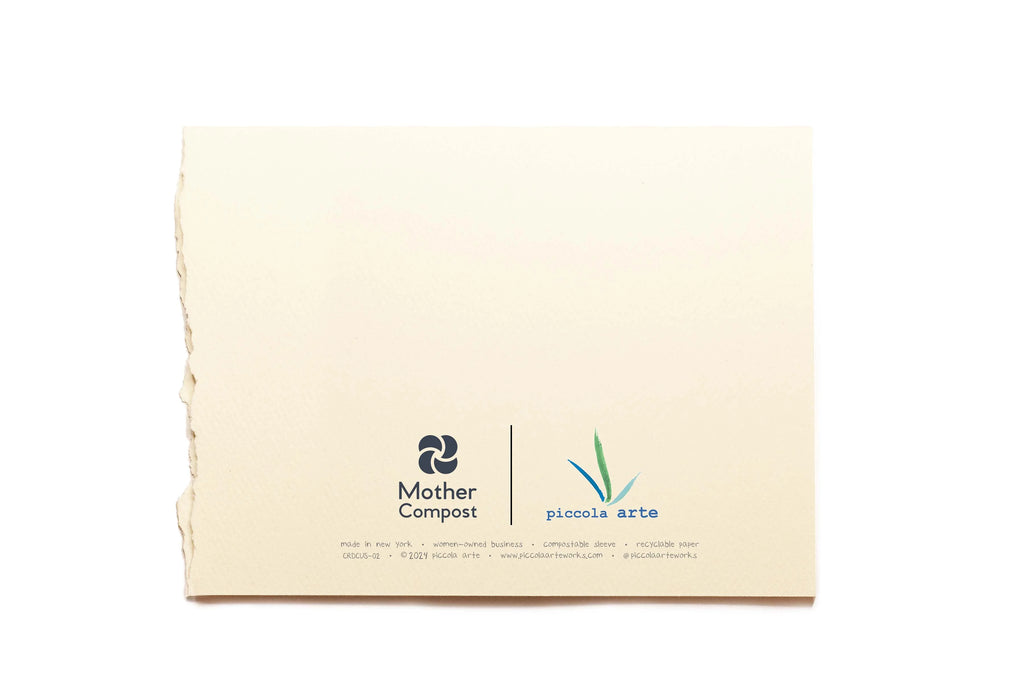 The back of a greeting card from piccola's arte.