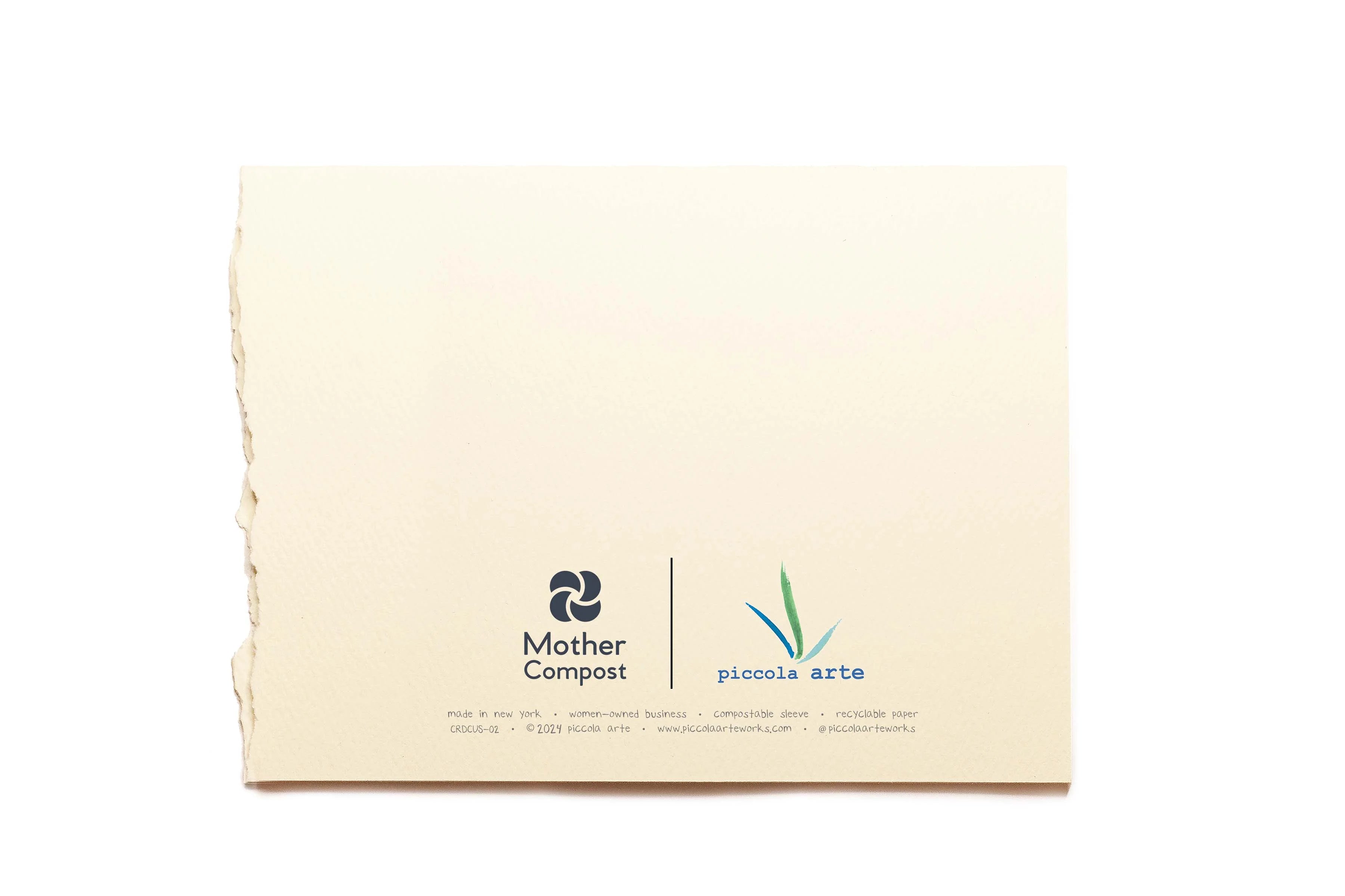 The back of a greeting card from piccola's arte.