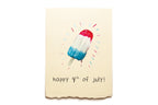 Card with a red, white, and blue popsicle illustration and 'happy 4th of July!' text on a beige background.