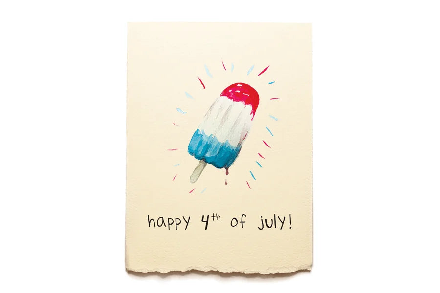 Card with a red, white, and blue popsicle illustration and 'happy 4th of July!' text on a beige background.