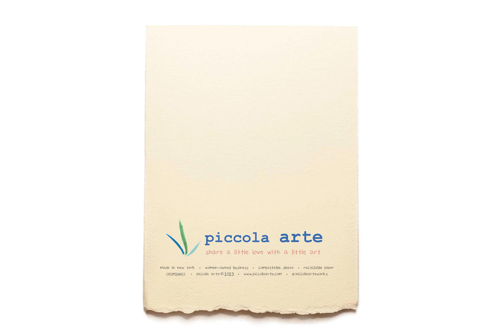 The back of a greeting card from piccola's arte.