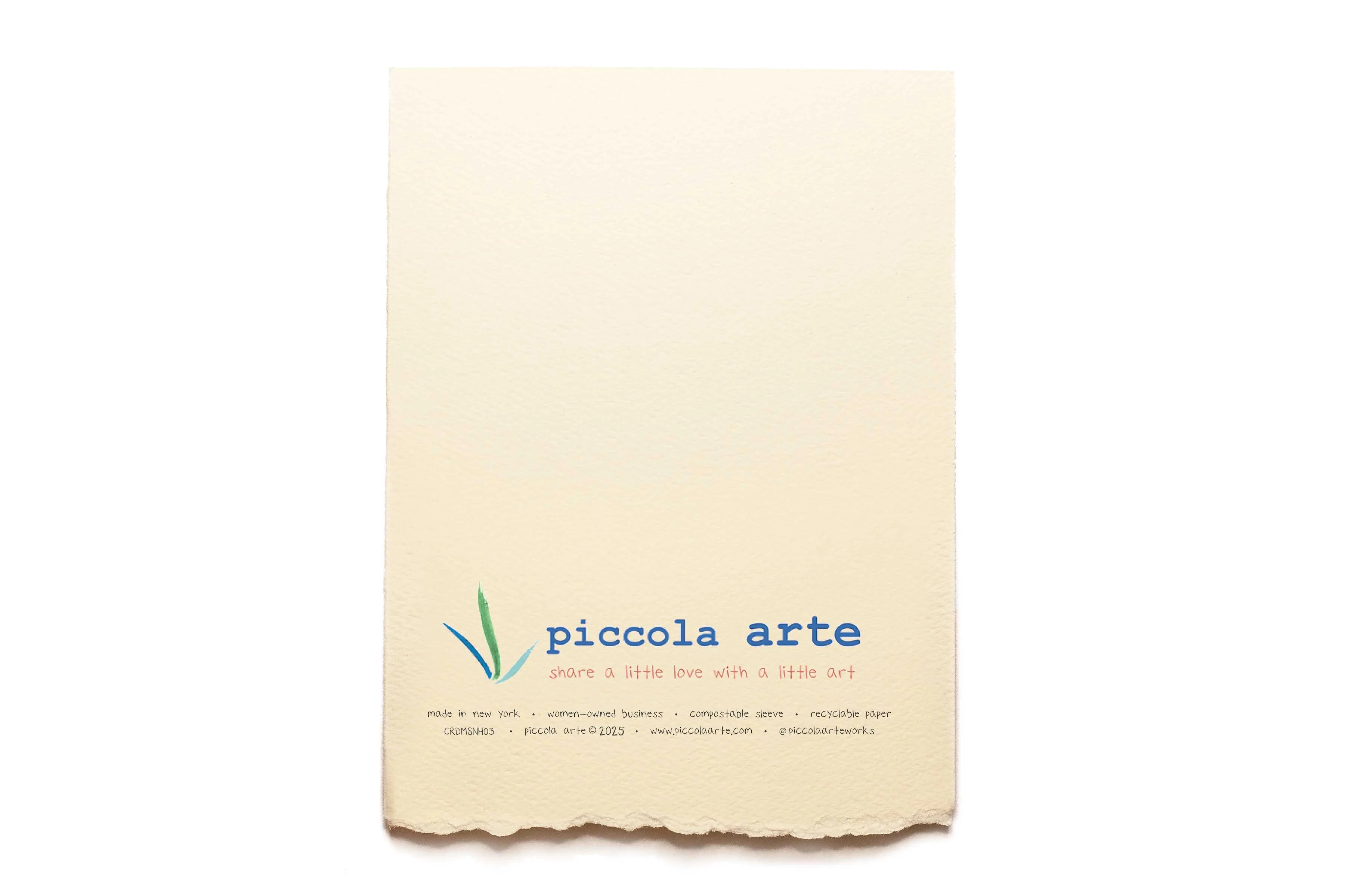 The back of a greeting card from piccola's arte.